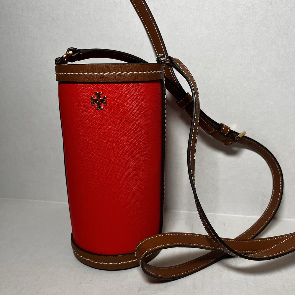Tory Burch Emerson Bottle Holder Bucket Bag Orange Saffiano Leather